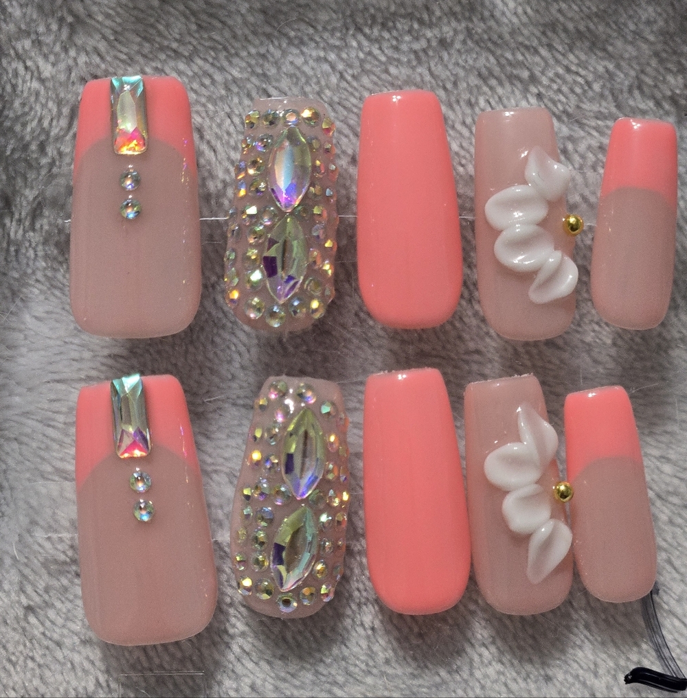 Coral & Nude Bling Press-On Nails | 3D Flower | Reusable | Medium Length